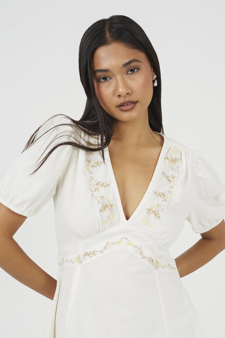 Cream Puff Sleeve Mini Dress With Floral Embroidery - Image 4
