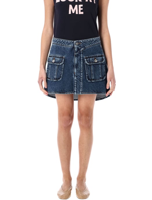 Curved Patch Pockets Mini Denim Skirt - Image 2