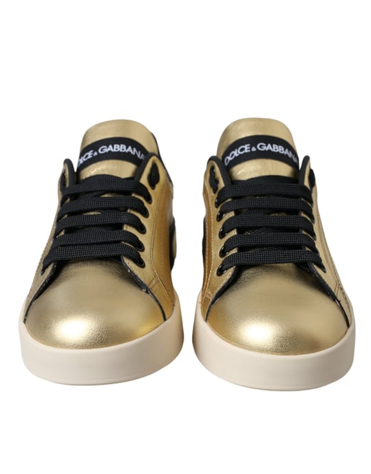 Dolce & Gabbana Gold Portofino Calf Leather Sneakers Women Shoes - Image 2