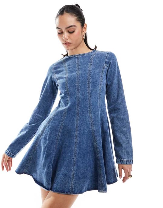 ASOS DESIGN denim seamed mini dress in blue - Image 3