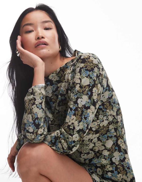 Topshop long sleeve slash neck mini dress in green blue floral - Image 3