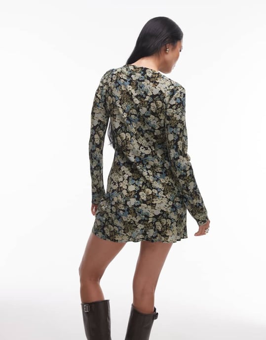 Topshop long sleeve slash neck mini dress in green blue floral - Image 4