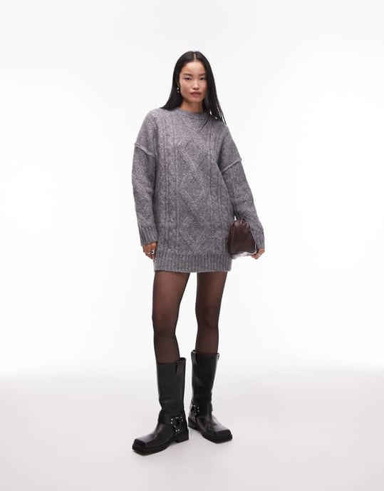 Topshop knitted diamond cable oversized mini dress in grey - Image 1
