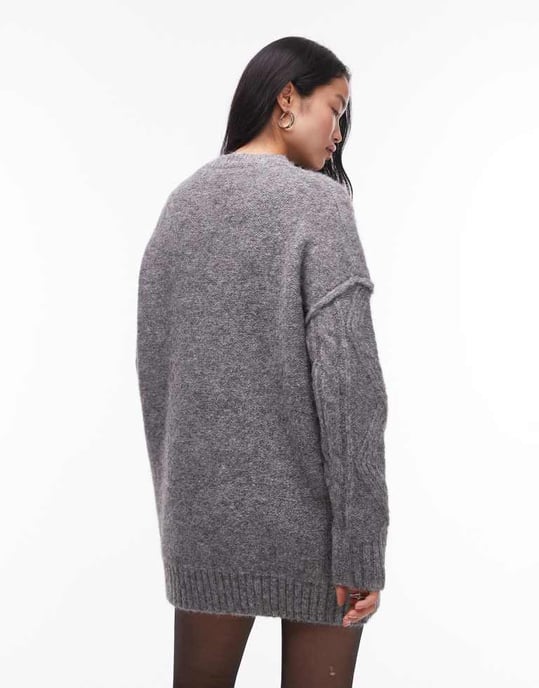 Topshop knitted diamond cable oversized mini dress in grey - Image 4