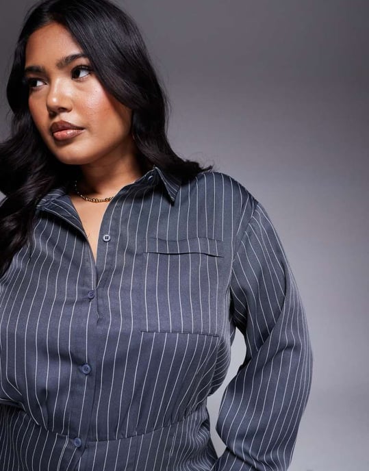 In The Style Plus x Natalya Wright exclusive tailored pleated mini shirt dress in charcoal pinstripe - Image 3