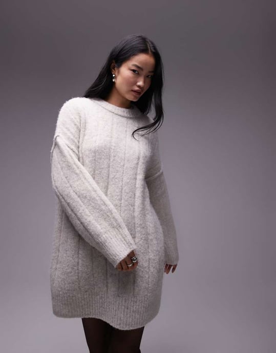 Topshop knitted fluffy rib oversized crew jumper in oat - Image 2