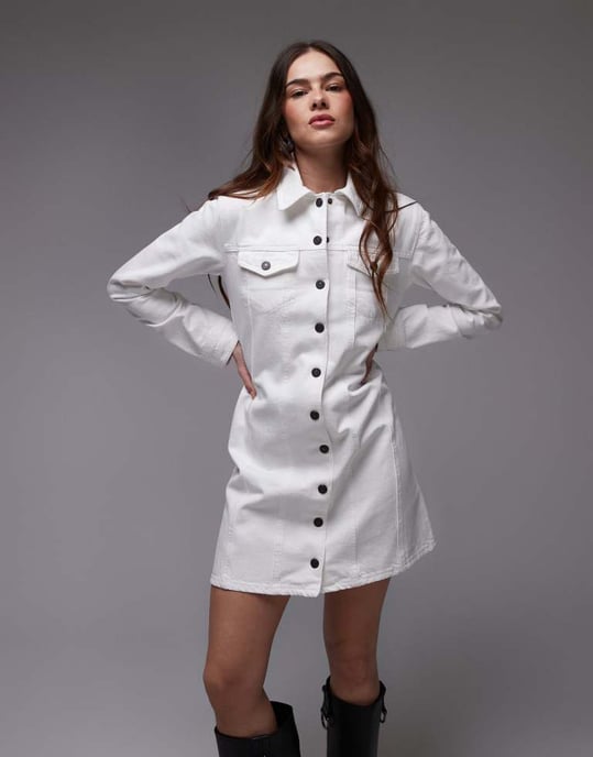 Topshop denim loose fit long sleeve shirt dress in white - Image 2