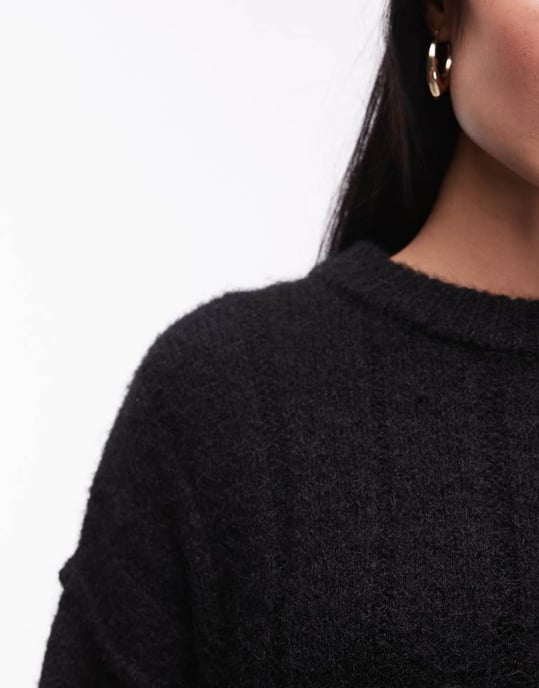 Topshop knitted fluffy rib oversized crew mini dress in black - Image 3