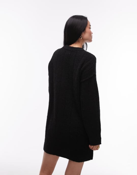 Topshop knitted fluffy rib oversized crew mini dress in black - Image 4