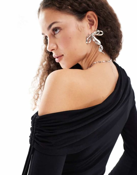 COLLUSION tie detail off shoulder asymmetric long sleeve mini dress - Image 3