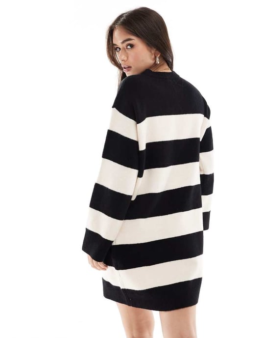 ASOS DESIGN crew neck mini dress with wide cuff in mono stripe - Image 4