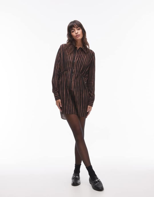 Topshop ruched side shirt mini dress in brown stripe print - Image 2