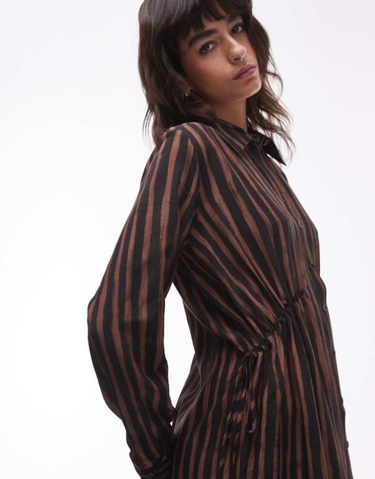 Topshop ruched side shirt mini dress in brown stripe print - Image 3