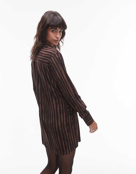 Topshop ruched side shirt mini dress in brown stripe print - Image 4