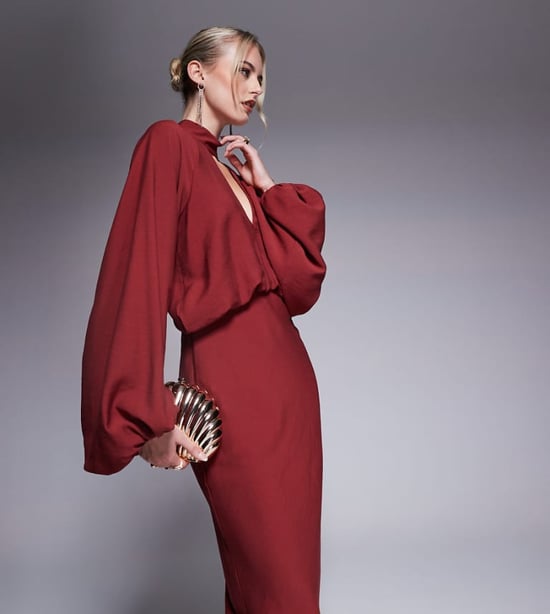 ASOS DESIGN Tall high neck plunge maxi dress with blouson sleeves in brown - Image 1