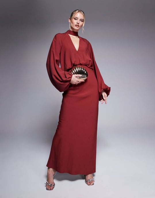 ASOS DESIGN Tall high neck plunge maxi dress with blouson sleeves in brown - Image 4