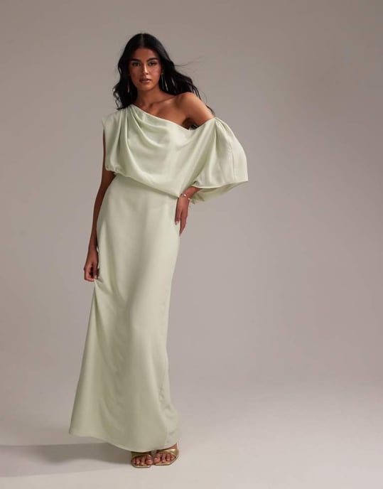 ASOS DESIGN Bridesmaids crepe one shoulder draped maxi dress in light green - Image 1