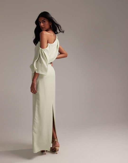 ASOS DESIGN Bridesmaids crepe one shoulder draped maxi dress in light green - Image 2