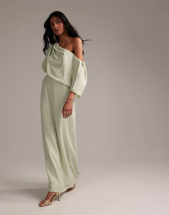 ASOS DESIGN Bridesmaids crepe one shoulder draped maxi dress in light green - Image 4