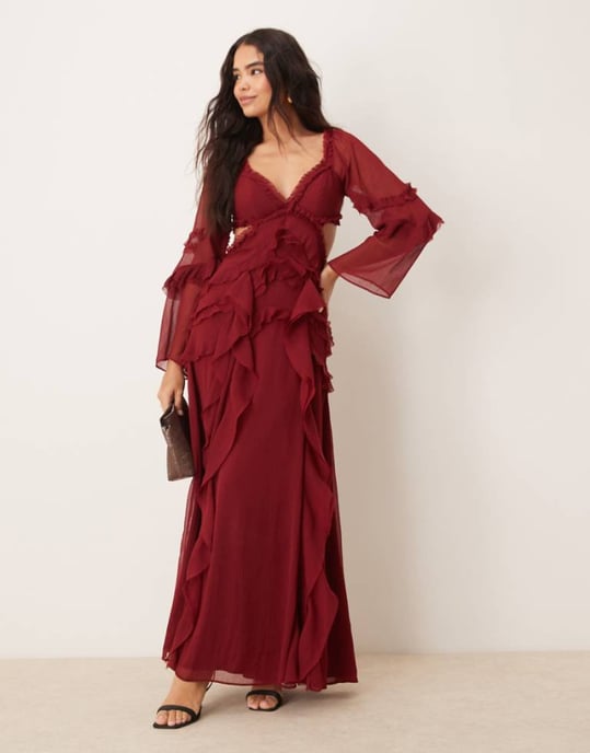 ASOS DESIGN ruffle v neck long sleeve maxi dress in burgundy - Image 1