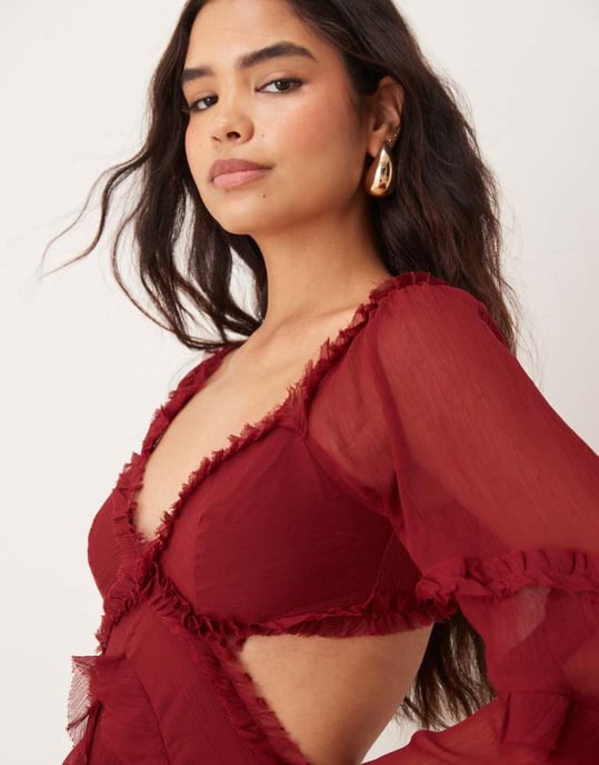 ASOS DESIGN ruffle v neck long sleeve maxi dress in burgundy - Image 2