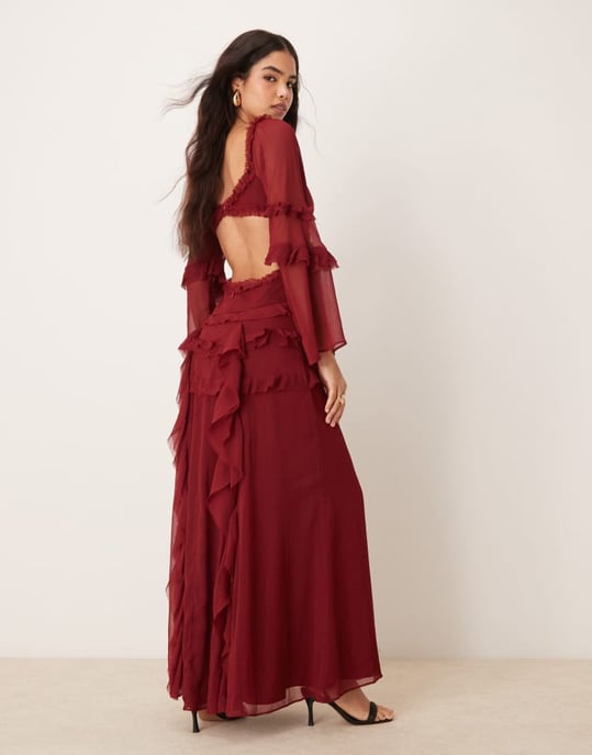 ASOS DESIGN ruffle v neck long sleeve maxi dress in burgundy - Image 3