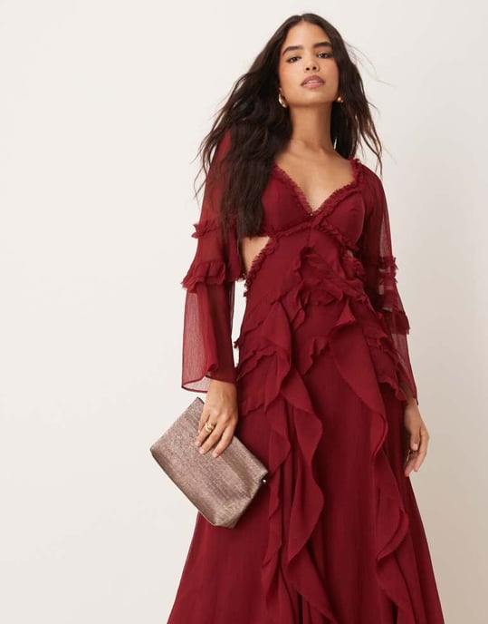 ASOS DESIGN ruffle v neck long sleeve maxi dress in burgundy - Image 4