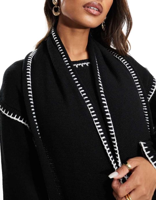Kaiia exclusive contrast stitch scarf detail maxi jumper dress in black - Image 3