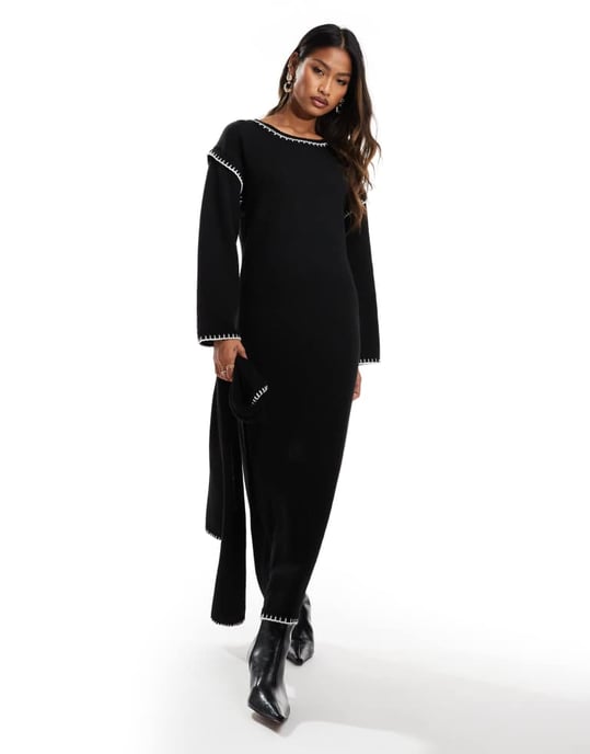 Kaiia exclusive contrast stitch scarf detail maxi jumper dress in black - Image 4