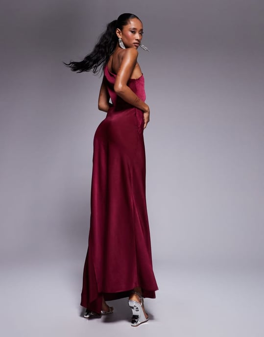 ASOS DESIGN satin twist strap cut out maxi dress in burgundy - Image 2
