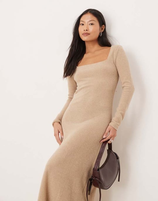 Vila Petite long sleeve square neck knitted maxi dress in camel - Image 2