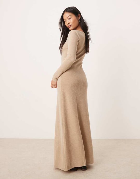 Vila Petite long sleeve square neck knitted maxi dress in camel - Image 3