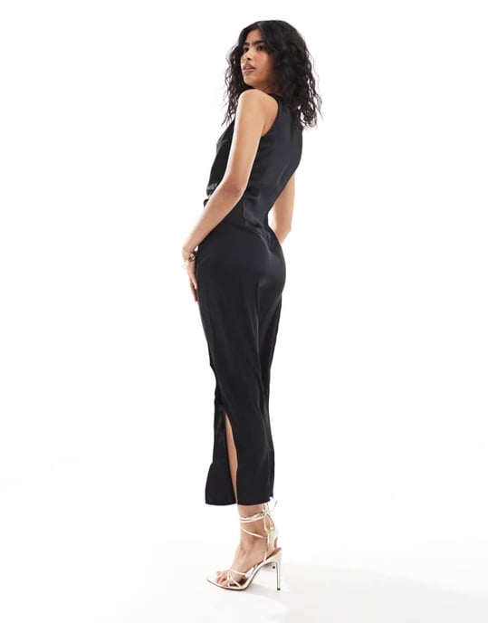 Vero Moda liquid satin drapey sleeveless maxi dress in black - Image 2