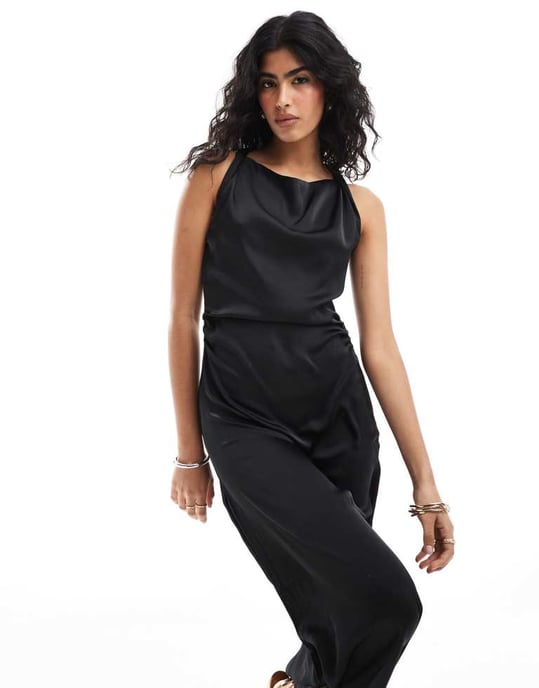 Vero Moda liquid satin drapey sleeveless maxi dress in black - Image 4