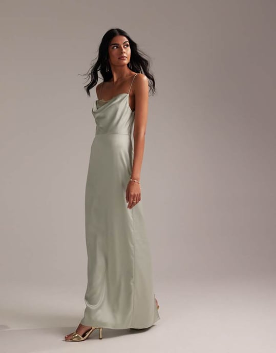 ASOS DESIGN Bridesmaids lace detail column satin maxi dress in light green - Image 1
