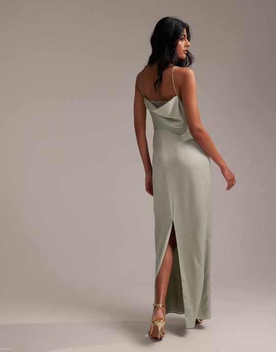 ASOS DESIGN Bridesmaids lace detail column satin maxi dress in light green - Image 3