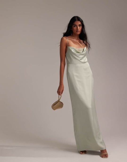 ASOS DESIGN Bridesmaids lace detail column satin maxi dress in light green - Image 4