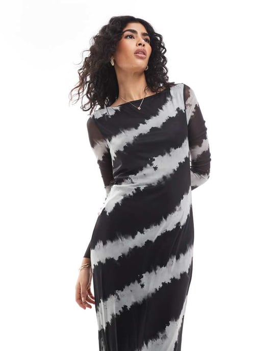 Vero Moda long sleeved mesh maxi dress in blurred mono print - Image 3
