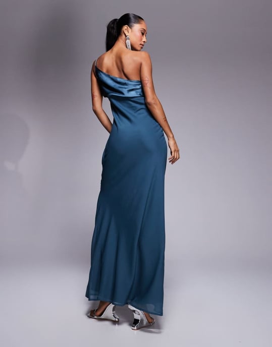 ASOS DESIGN satin chiffon mix draped one shoulder maxi dress in deep green - Image 2