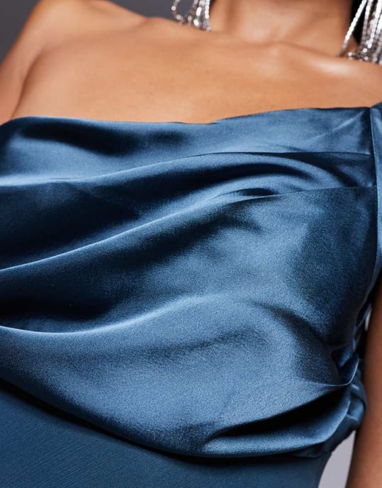 ASOS DESIGN satin chiffon mix draped one shoulder maxi dress in deep green - Image 3