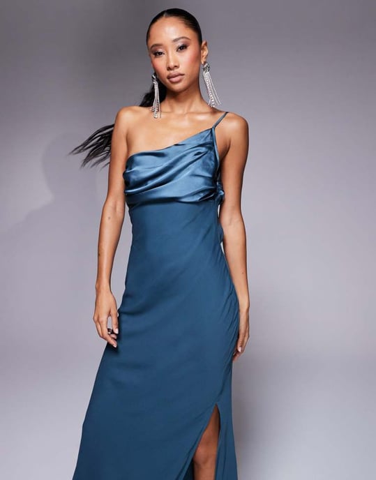 ASOS DESIGN satin chiffon mix draped one shoulder maxi dress in deep green - Image 4