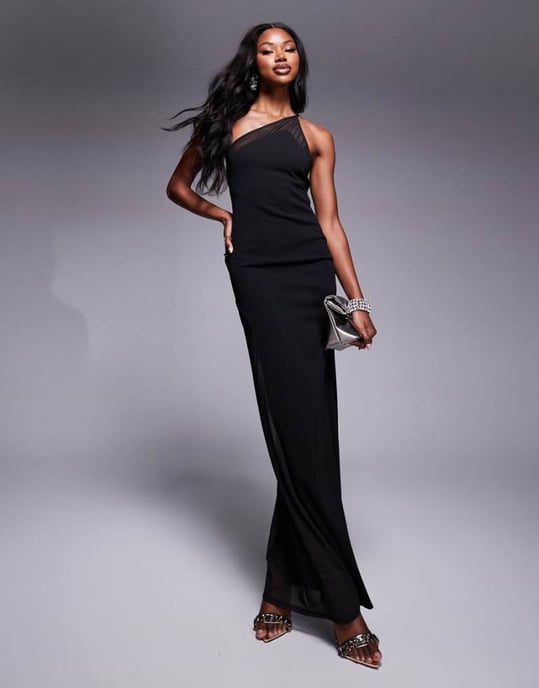 ASOS DESIGN one shoulder sheer mesh panel maxi dress in black in scuba-style fabric - Image 1