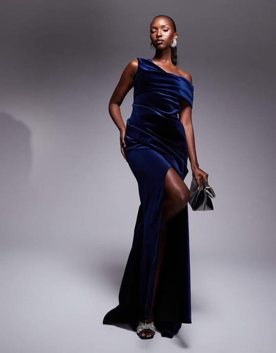 ASOS DESIGN velvet premium fallen shoulder drape maxi dress in navy - Image 1