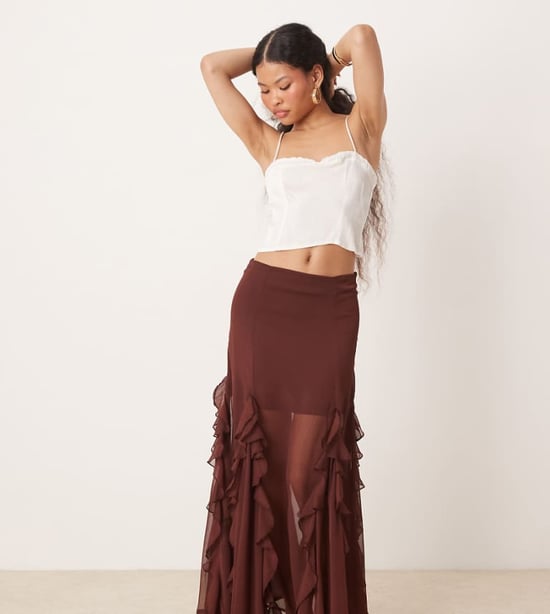 Miss Selfridge Petite godet insert maxi skirt in brown - Image 1