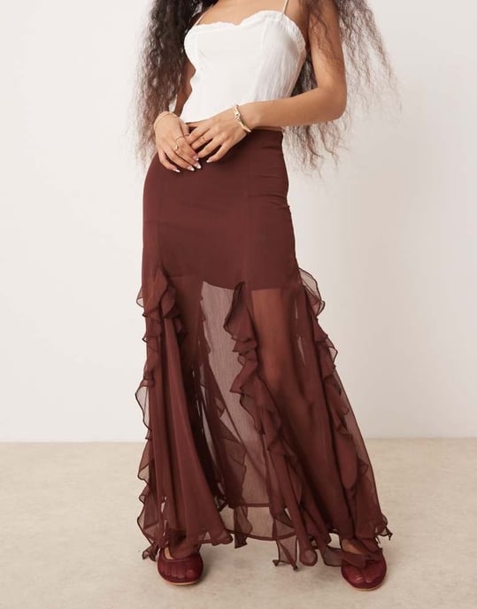 Miss Selfridge Petite godet insert maxi skirt in brown - Image 2