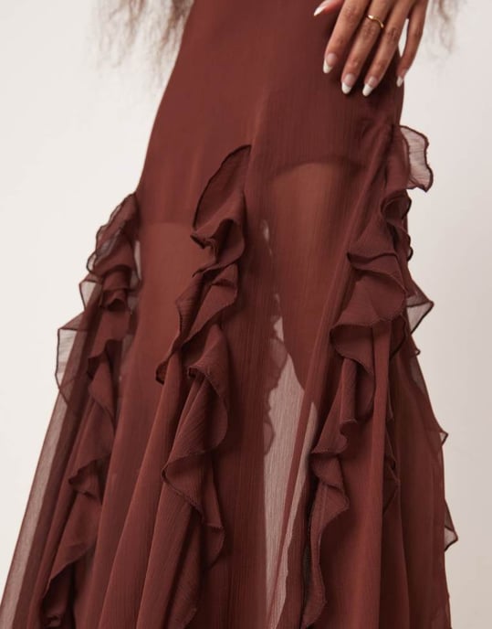 Miss Selfridge Petite godet insert maxi skirt in brown - Image 3