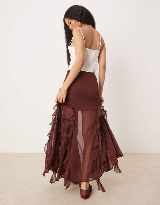 Miss Selfridge Petite godet insert maxi skirt in brown - Image 4