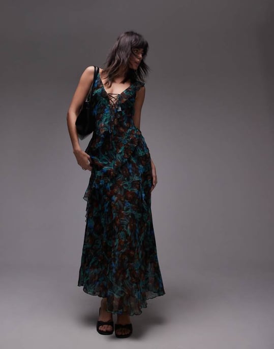 Topshop maxi frill slip midi dress in green floral - Image 1