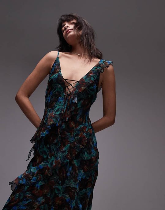 Topshop maxi frill slip midi dress in green floral - Image 3