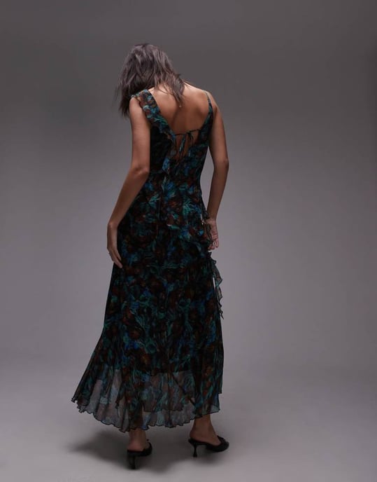 Topshop maxi frill slip midi dress in green floral - Image 4